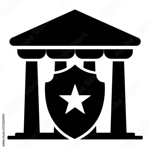 Courthouse silhouette with star shield icon, law and justice symbol