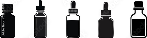 A collection of five black outline dropper bottles, showcasing various shapes and sizes, suitable for designs and illustrations.
