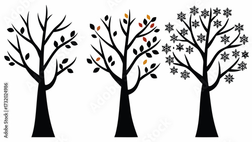 Three stylized trees illustrate seasons from bare branches to autumn leaves to winter snowflakes