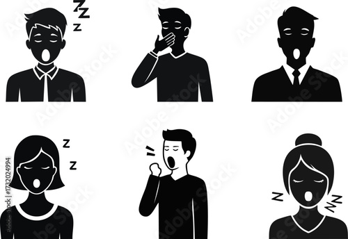 Six silhouettes depicting yawning and sleeping postures, illustrating tiredness or boredom in various individuals.
