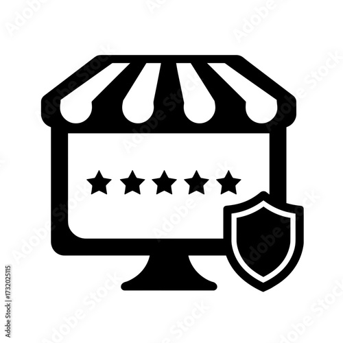 E-commerce shop icon with five-star rating and security shield, online shopping trust and protection concept