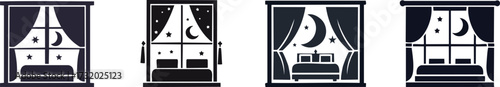Four artistic window designs featuring curtains, stars, and moons, creating a dreamy nighttime atmosphere.