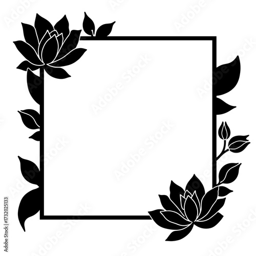 Elegant black floral frame with lotus flowers, decorative border design for invitations and stationery