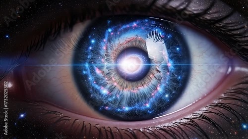 Gazing into infinity, galaxy eye with cosmic swirling colors and light, perfect for sci-fi, dreams, or imagination concepts
