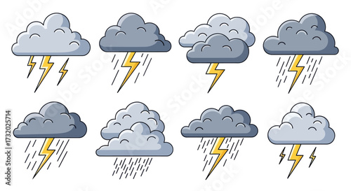 Collection of Cartoon Clouds with Rain and Lightning Bolts.