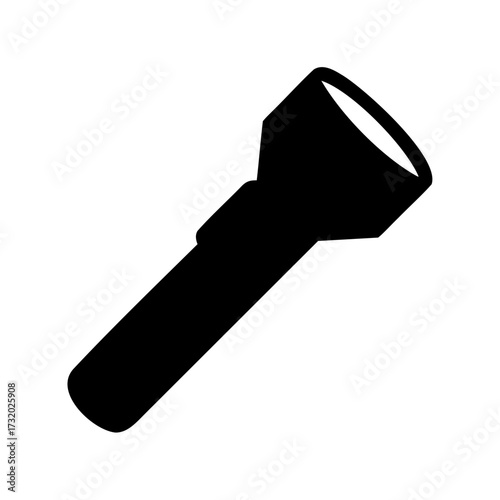 Simple black silhouette of a handheld flashlight with a beveled head on white