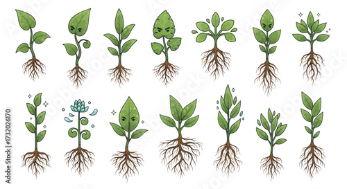 Collection of Cartoon Plants with Roots and Green Leaves.