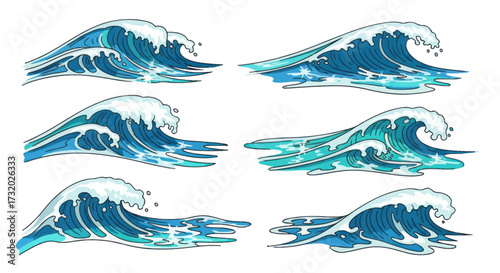 Six Stylized Ocean Waves with White Foamy Crests and Dynamic Splashes.