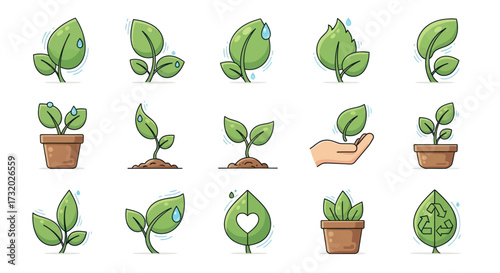 Diverse Cartoon Green Leaves and Plant Sprouts in Pots and Growing Vector Illustrations.