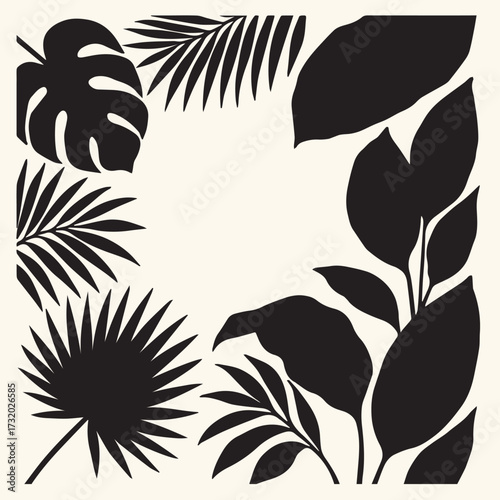 Frame with tropical leaves; monstera, palm, banana, saw palmetto, calathea. black vector illustration isolated on white background.