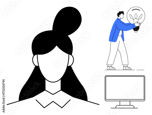 Abstract female portrait, person carrying large lightbulb, and minimalist computer monitor. Ideal for creativity, innovation, teamwork, digital learning, technology, leadership problem-solving
