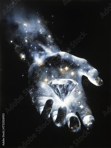 Mystical hand holding a diamond surrounded by stars and cosmic elements in a dark space setting
