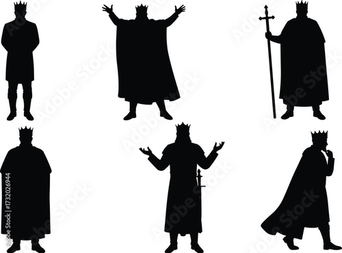 Six crowned king silhouettes, royal male figures in expressive poses, medieval monarchs with cape and sword, symbolic gestures, isolated on white background