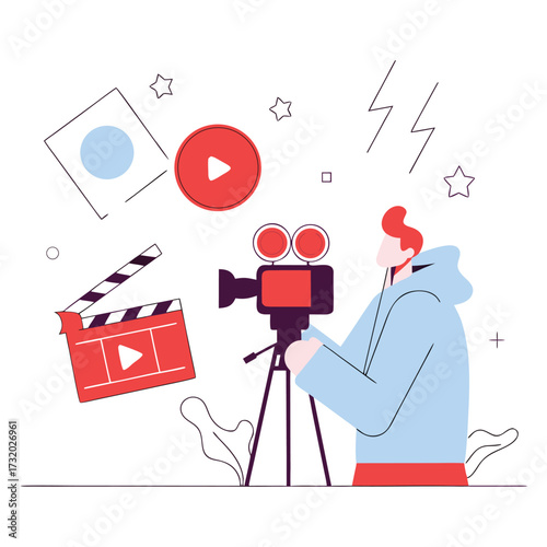 Filmmaker with camera and clapperboard vector illustration of movie production isolated on white background