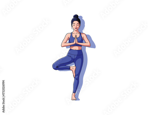Illustration of a woman in yoga pose with hands in prayer, balancing on one leg, wearing blue exercise outfit and hair bun