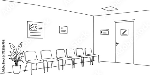 vector waiting room illustration. waiting hall with blue walls, chairs and a pot plant near the door. waiting for appointment in office or clinic
