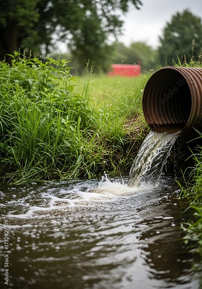 Fototapeta premium Rusty pipe water flow green grass stream nature