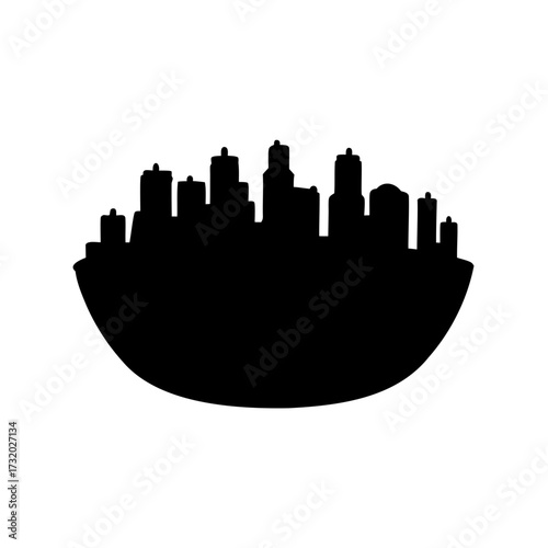 Abstract cityscape silhouette featuring highrise buildings over a rounded geometric form