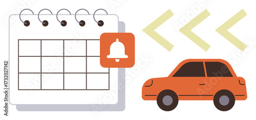 Open calendar with a notification bell next to a moving car and arrows. Ideal for time management, task planning, scheduling appointments, transportation, travel planning, punctuality, simple flat