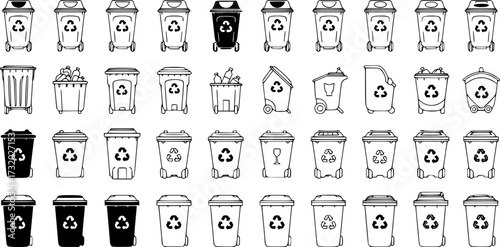 vector set of recycling wheelie bin icons. isolated on white background, industrial recycle of separate waste and garbage concept symbols
