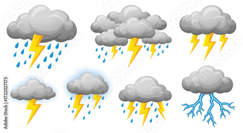 Cartoon Weather Icons: Storm Clouds with Rain and Lightning.