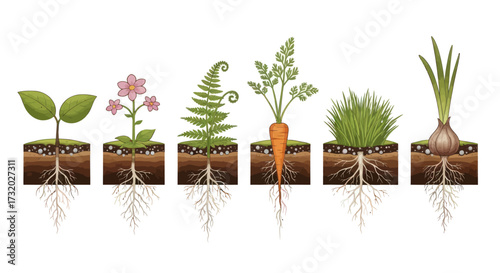 Illustration of Various Plants Showing Root Systems and Growth Stages.