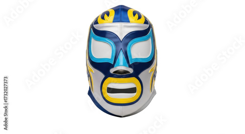 Isolated Mexican wrestling mask, silver, blue, yellow, lucha libre, wrestler, competitive sport