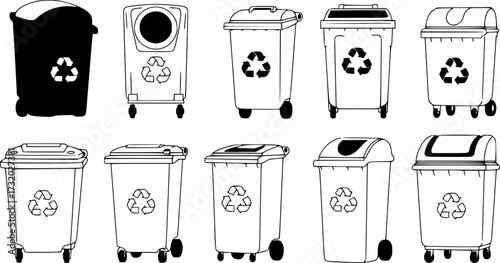 vector set of recycling wheelie bin icons. isolated on white background, industrial recycle of separate waste and garbage concept symbols

