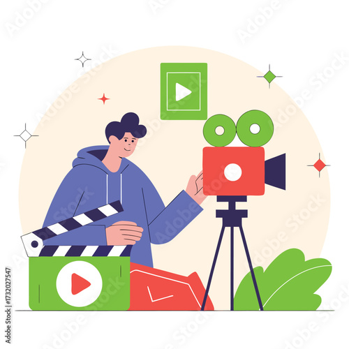 Young man filming with a video camera flat vector illustration for filmmaking content creation isolated on white background