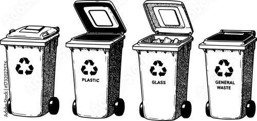 vector set of recycling wheelie bin icons. isolated on white background, industrial recycle of separate waste and garbage concept symbols
