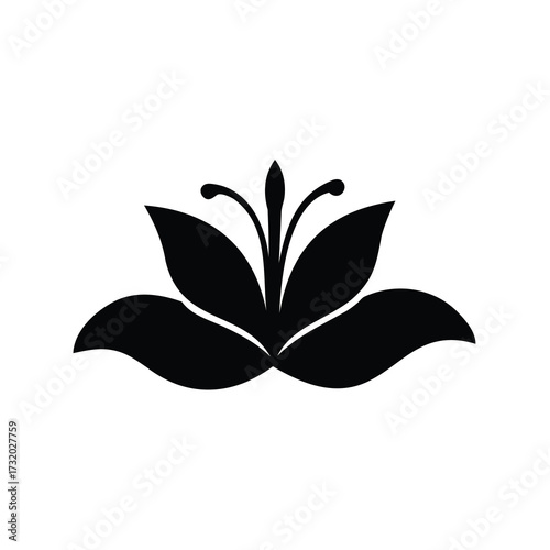 Stylized black flower design with petals, stem, and simple graphic rendering
