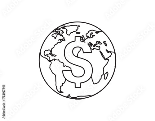 Global Financial Symbol A Vector Illustration Depicting a Dollar Sign Overlayed on a World Map, Representing International Economics