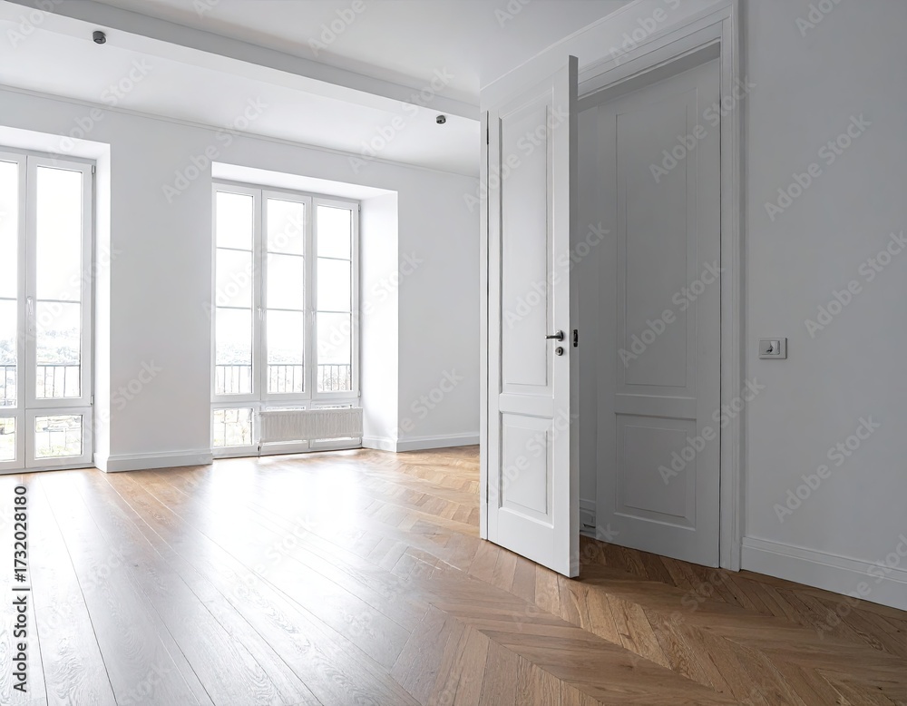Obraz premium Empty room with parquet flooring, large windows, and a white door