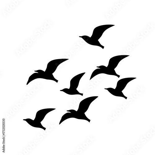 A flock of birds flying in formation against a white background