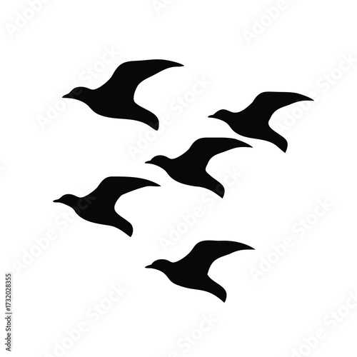 Six Black Silhouetted Birds Flying Together in Formation against a White Background