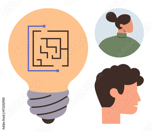 Lightbulb with circuit maze, minimalistic male and female profiles in side view. Ideal for innovation, teamwork, problem-solving, creativity, brainstorming, technology leadership. Simple flat