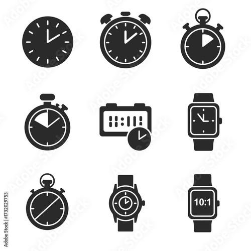 Collection of various timekeeping devices, including clocks, alarm clocks, and wristwatches, in a simple, dark style.