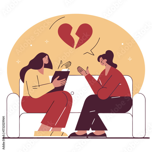 Woman in therapy session discussing heartbreak vector illustration of mental health support and counseling isolated on white background