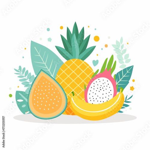 High-quality vector illustration of tropical fruits including mango, pineapple, banana, and dragon fruit in an abstract artsy style with bold playful colors