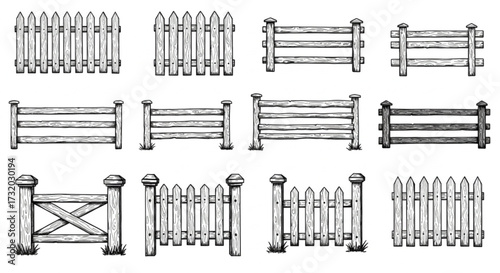 vector set of wooden fences isolated on white background. decorative fences for farm or garden
