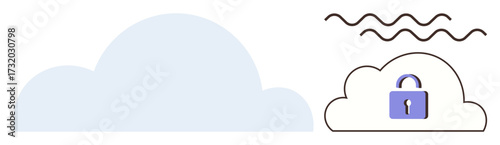 Cloud icon with a purple padlock and network waves emphasizing security, data protection, and privacy. Ideal for technology, cybersecurity, privacy policy, IT services, digital safety, encryption