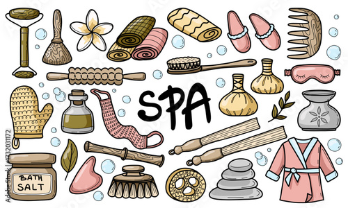 Spa and massage hand drawn elements set. Doodle bath tools clipart concept collection.