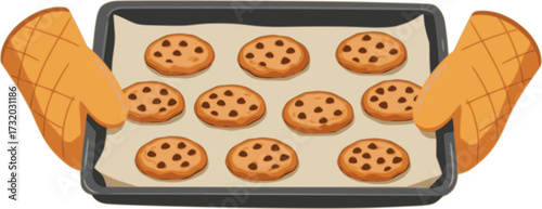 vector illustration of hands in oven mittens holding baking tray with homemade chocolate chip cookies. home bakery.
