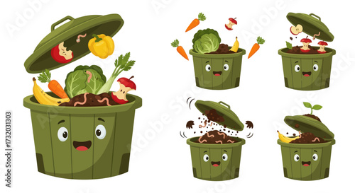 Collection of cartoon compost bins filled with organic waste and smiling faces.