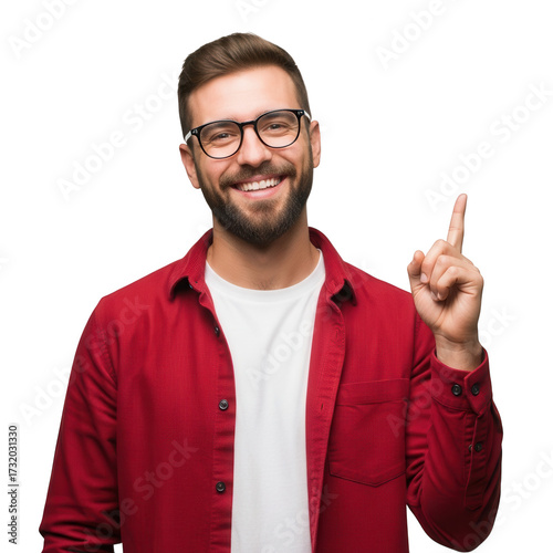Happy man with glasses pointing up suggesting an idea or solution isolated on transparent background