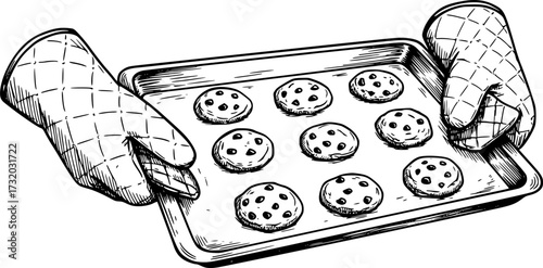 vector illustration of hands in oven mittens holding baking tray with homemade chocolate chip cookies. home bakery.
