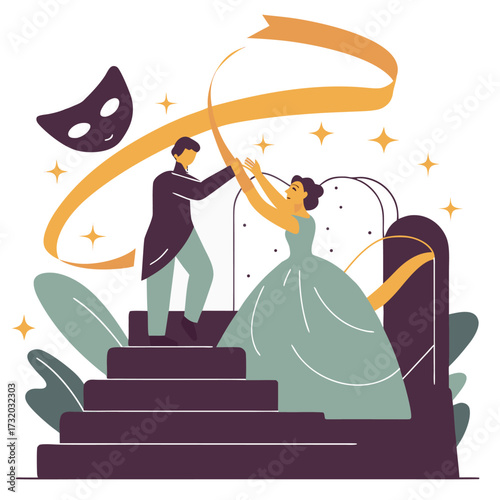 Elegant couple dancing at a masquerade ball vector illustration of a man and woman in formal attire celebrating in style
