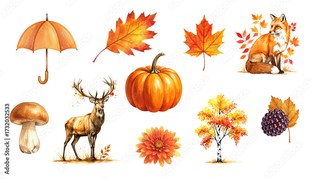 Naklejka premium Illustration of deer, mushroom, pumpkin, fox, leaves, tree, flowers, and berry in warm earthy colors. Perfect for seasonal branding, educational charts, and nature journals.