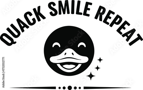 Quack Smile Repeat – Cheerful Duck Face Logo with Stars and Dental-Themed Graphic in Black and White