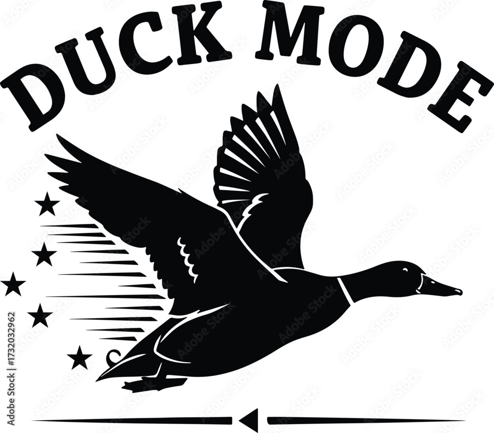 Obraz premium Duck Mode – Flying Duck Silhouette with Stars and Motion Lines in Bold Motivational Graphic